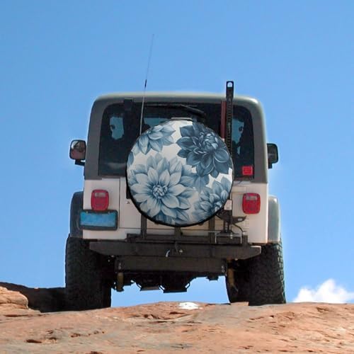 Blue and Grey Dahlia Flower Camper Spare Tire Cover Vintage Floral Seasonal - Image 5