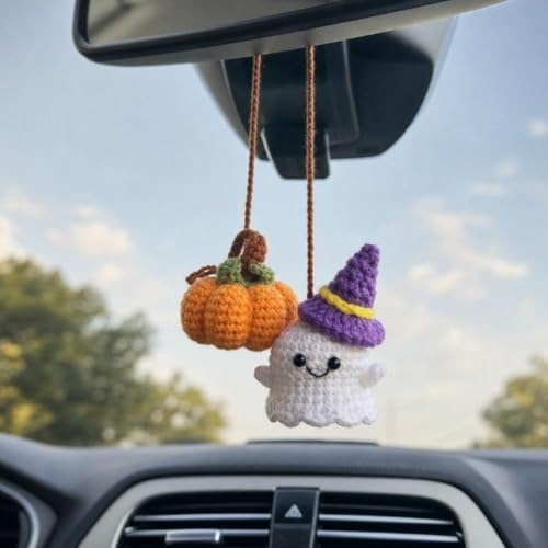 Halloween Crochet Pumpkin Ghost Car Mirror Pendant Charm - Image 3