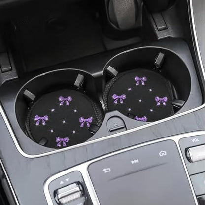 2PCS Car Coasters Rhinestone Bow Cup Holder Pad Anti-Slip Purple - Image 5