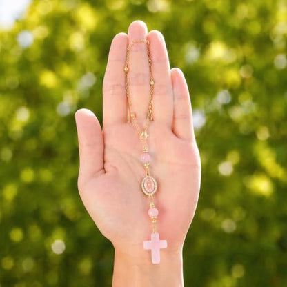 Pink Cross Crystal Rearview Mirror Charm Hanging Ornament Car - Image 3