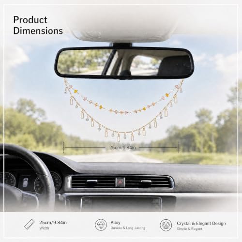 Rear View Mirror Charm Gold Yellow Zircon Double Chain Car Decor - Image 2