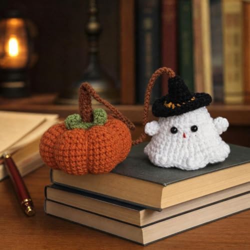 Halloween Crochet Pumpkin Ghost Car Mirror Pendant Charm - Image 2