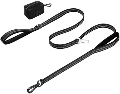 Double Handle Dog Leash with Poop Bag Holder and Car Seat Belt Buckle by WINGOIN