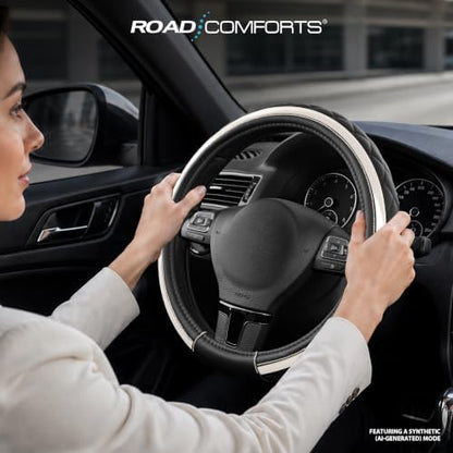 Road Comforts Leather Steering Wheel Cover – Black & Silver, Universal Fit - Image 3