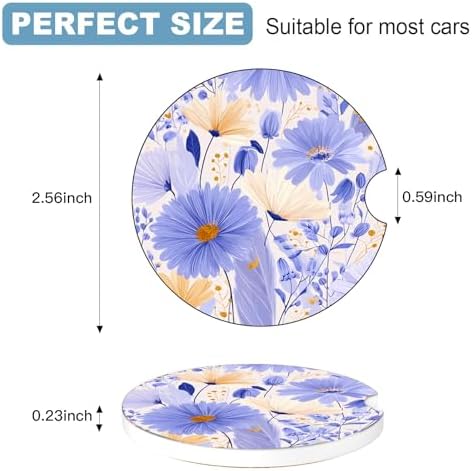 Ceramic Car Cup Holder Coasters Set of 2, 2.56 in Purple Flowers - Image 2
