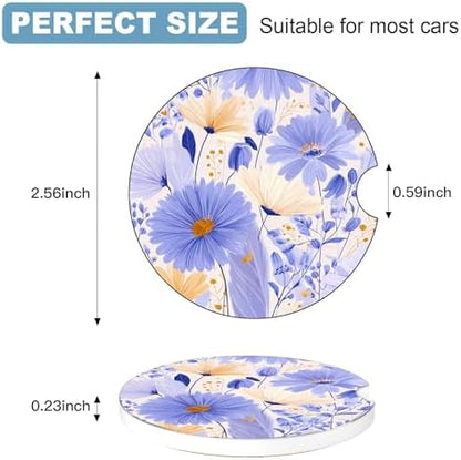 Ceramic Car Cup Holder Coasters Set of 2, 2.56 in Purple Flowers - Image 2