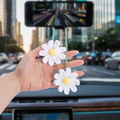 Ymapinc Crochet Car Accessories, Cute Hanging Rear View Mirror Decor Daisy - Image 5