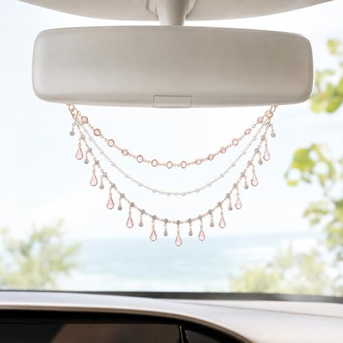 Triple Layer Water Drop Zircon Boho Rear View Mirror Charm Pink Car Hanging - Image 4