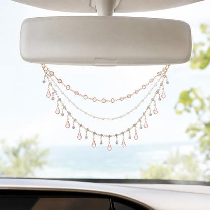 Triple Layer Water Drop Zircon Boho Rear View Mirror Charm Pink Car Hanging - Image 4