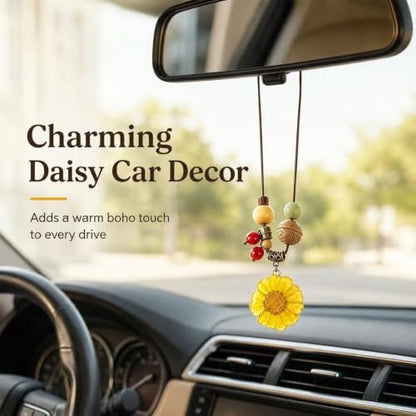 Daisy Car Rear View Mirror Hanging Ornament, Boho Floral Car Charm - Image 2