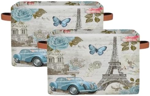 AUUXVA Storage Basket Vintage Paris Eiffel Tower Rose Flower Old Car Storage by AUUXVA