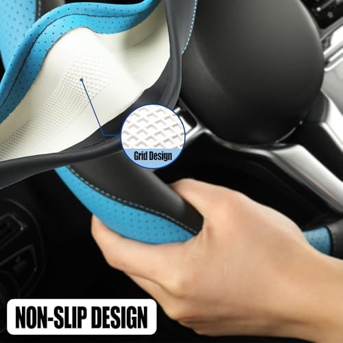 Black Blue Microfiber Leather D Shaped Steering Wheel Cover - Image 4