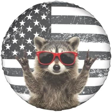 Funny Raccoon Spare Tire Cover Black White American Flag - Image 2