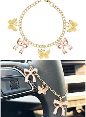 Steering Wheel Charm Accessory Pink Bow Butterfly Pendant Car Decor Rearview by JOYTEZZ