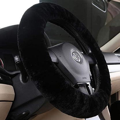 Black Fuzzy Sheepskin Car Steering Wheel Cover - Image 4