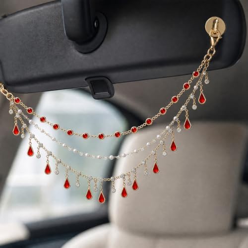 Triple Layer Water Drop Zircon Boho Rear View Mirror Charm Red Car Hanging - Image 4