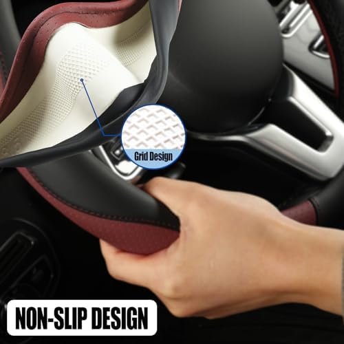 Black Burgundy Microfiber Leather Steering Wheel Cover 14 inch - Image 4