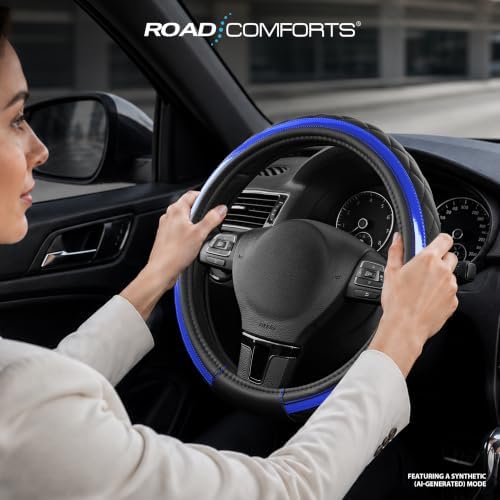 Road Comforts Leather Steering Wheel Cover – Black & Blue, Universal Fit - Image 3