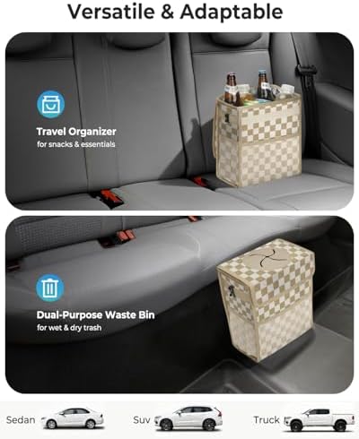 Corduroy Car Trash Can with Lid and Mesh Pockets - Image 5