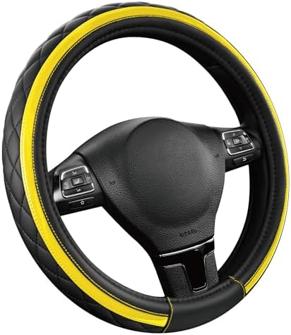 Road Comforts Leather Steering Wheel Cover – Black & Yellow, Universal Fit - Image 2