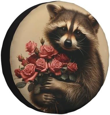 Funny Raccoon Spare Tire Cover Raccoon Holding A Boquet of Roses Wheel Protector - Image 2