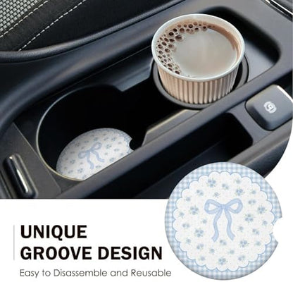 Blue Bow Car Coasters for Cup Holders Set of 2 Floral Absorbent Ceramic Cup - Image 7