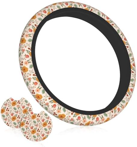 Retro Floral Steering Wheel Cover Set + 2 Flower car Coasters, 15 Inch by Unknown