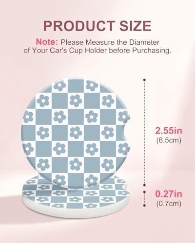 Swooflia Cute Girly Ceramic Car Coasters Blue Checkered Cup Holder Coasters - Image 2