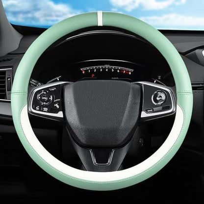 Green & White Nappa Leather Steering Wheel Cover, Cute Car Steering Wheel Cover by ExquisiteCarAccessories