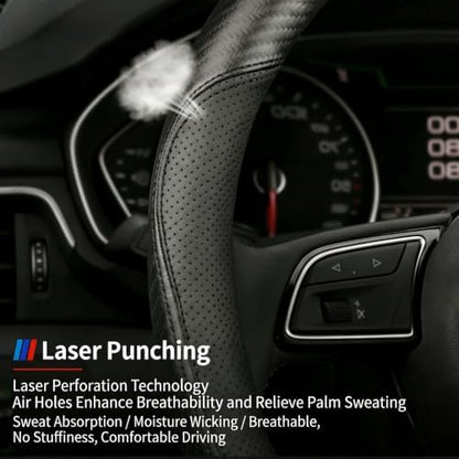 Microfiber Leather Steering Wheel Cover, D-Shape Carbon Fiber Black Wire Trim - Image 4