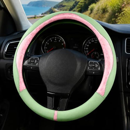 Pink & Green Patterned Leather Patchwork Steering Wheel Cover, 14.5-15 Inch - Image 3