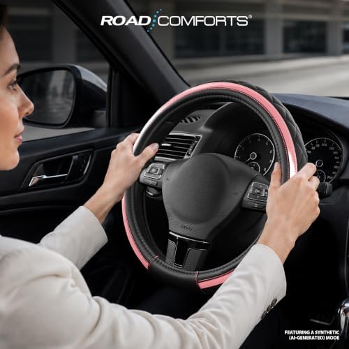 Road Comforts Leather Steering Wheel Cover – Black & Pink, Universal Fit - Image 3