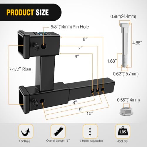 Nilight Dual Hitch Extender to 10", Rise Drop 7-1/2 inch w/Hitch Tightener - Image 2