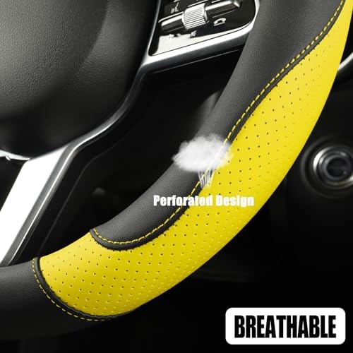 Black Yellow Breathable Microfiber Leather Steering Wheel Cover - Image 3