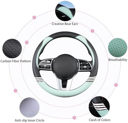 Small 14 inch Cute Leather Steering Wheel Cover Black and Green - Image 5