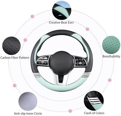 Small 14 inch Cute Leather Steering Wheel Cover Black and Green - Image 5