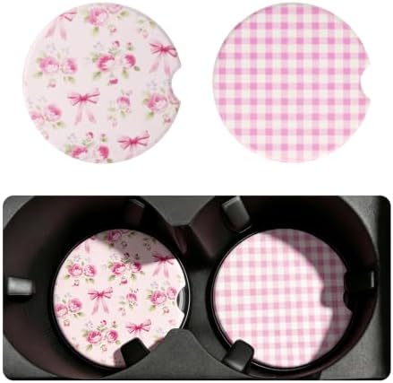 Car Cup Coasters 2-in-1 Style Set, 2.6-Inch Bow-Shaped/Checkered Cup Holder by VKQTS