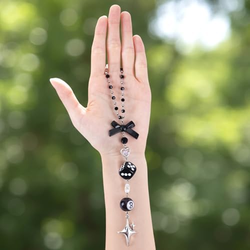Black Bow Car Mirror Chain Y2k 8 Ball Star Beaded Hanging Charm - Image 6