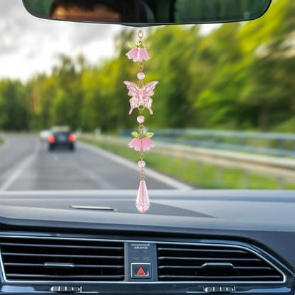Butterfly Crystal Car Charm Lily Flower Beaded Mirror Hanging - Image 2