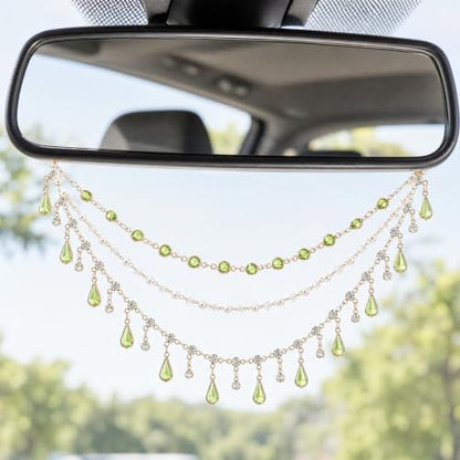 Triple Layer Water Drop Zircon Rear View Mirror Charm Green Car Hanging - Image 4