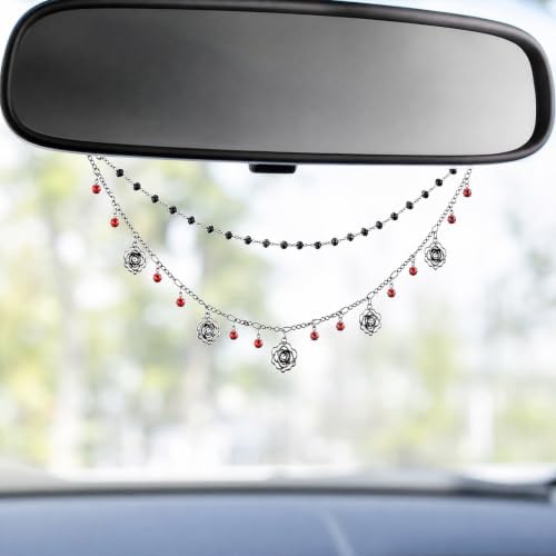 Double Chain Gothic Black Rose Rear View Mirror Charm Halloween Car Hanging - Image 4