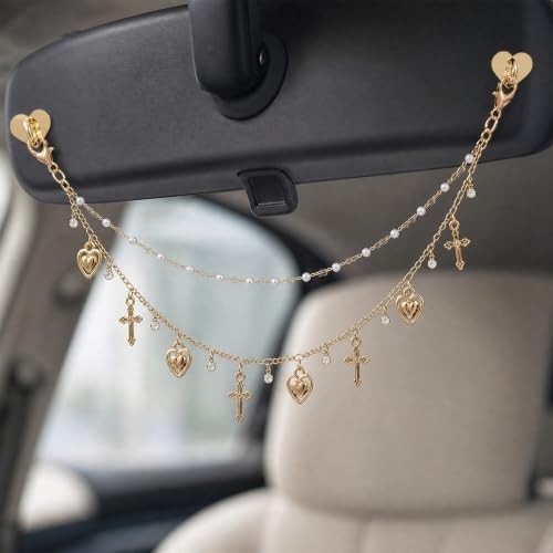 Rear View Mirror Cross Charm Double Chain Catholic Faith Car Decor - Image 3