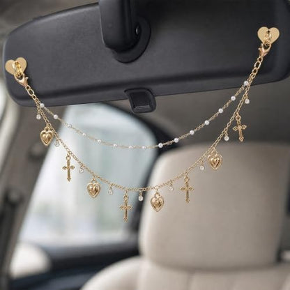 Rear View Mirror Cross Charm Double Chain Catholic Faith Car Decor - Image 3