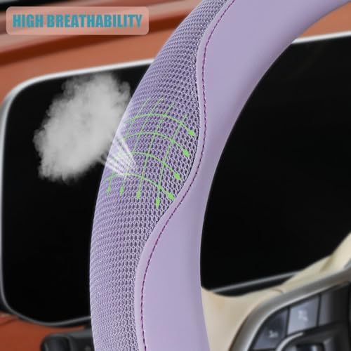 Nappa Leather Ice Silk Fabric Purple Steering Wheel Cover - Image 3