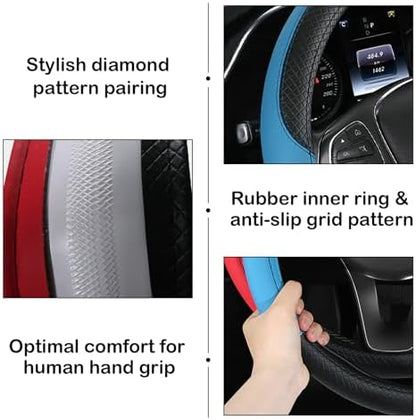Leather Patchwork Black Blue Steering Wheel Cover, 14.5-15 Inch Non-Slip - Image 4