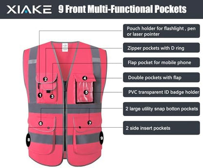 XIAKE 9 Pockets Class 2 High Visibility Reflective Safety Vest - Image 3