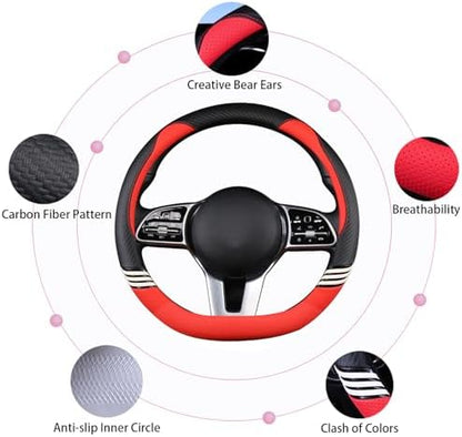 15 inch Cute Leather D Shape Steering Wheel Cover Black Red - Image 5