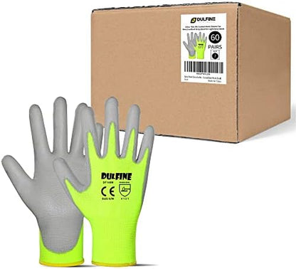DULFINE Safety Work Gloves for Men 60 Pairs, Ultra-Thin PU Coated Yellow L by DULFINE
