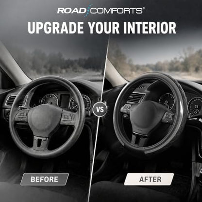 Road Comforts Leather Steering Wheel Cover – Black & Gray, Universal Fit - Image 5