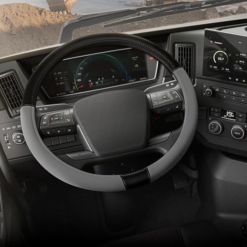 Cat® BigDrive Faux Gray/Black Leather Semi Truck Steering Wheel Cover, Fits RV by CatAuto
